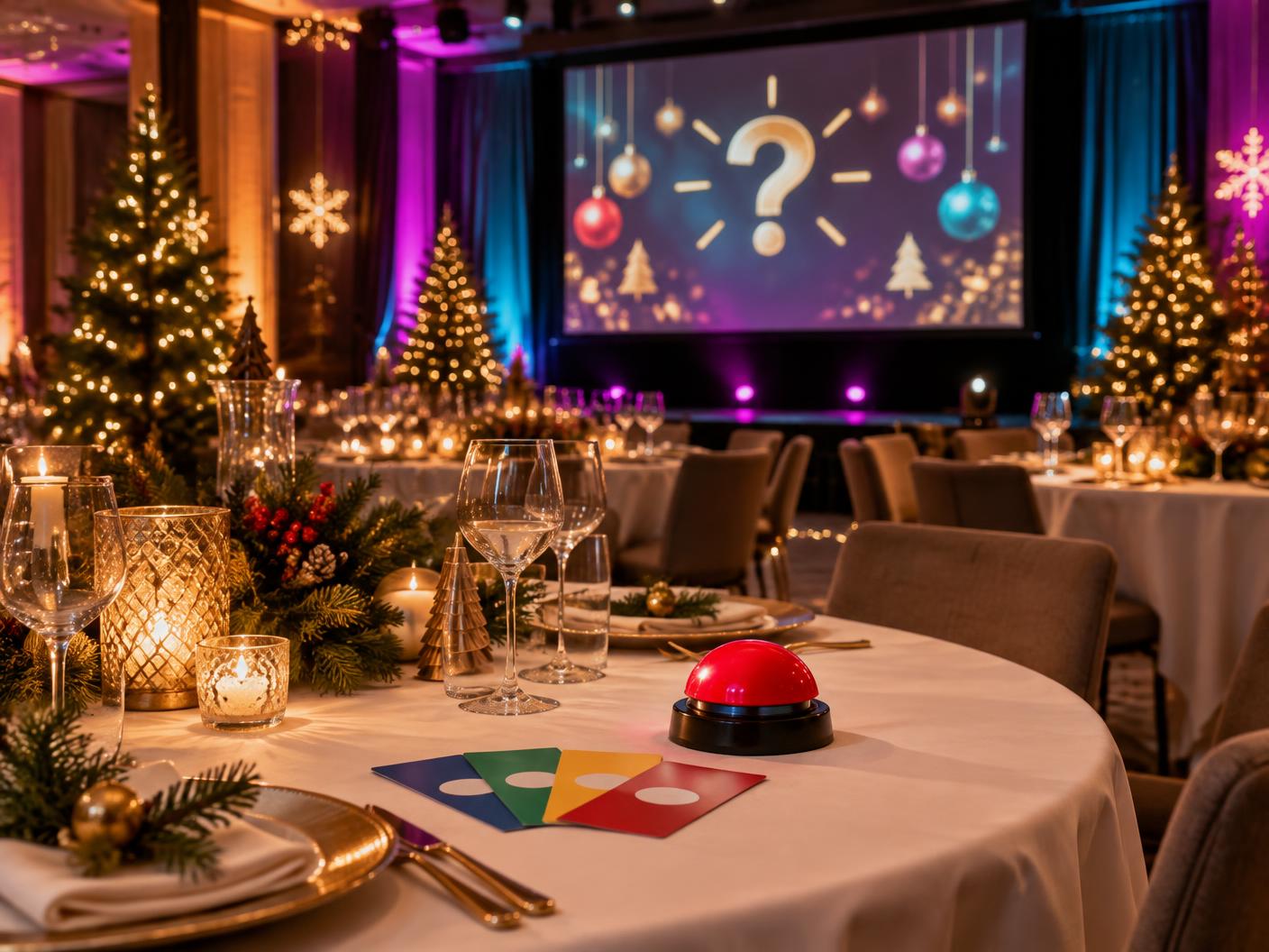 Firmenweihnachtsfeier mit Quizshow und jubelnden Teams