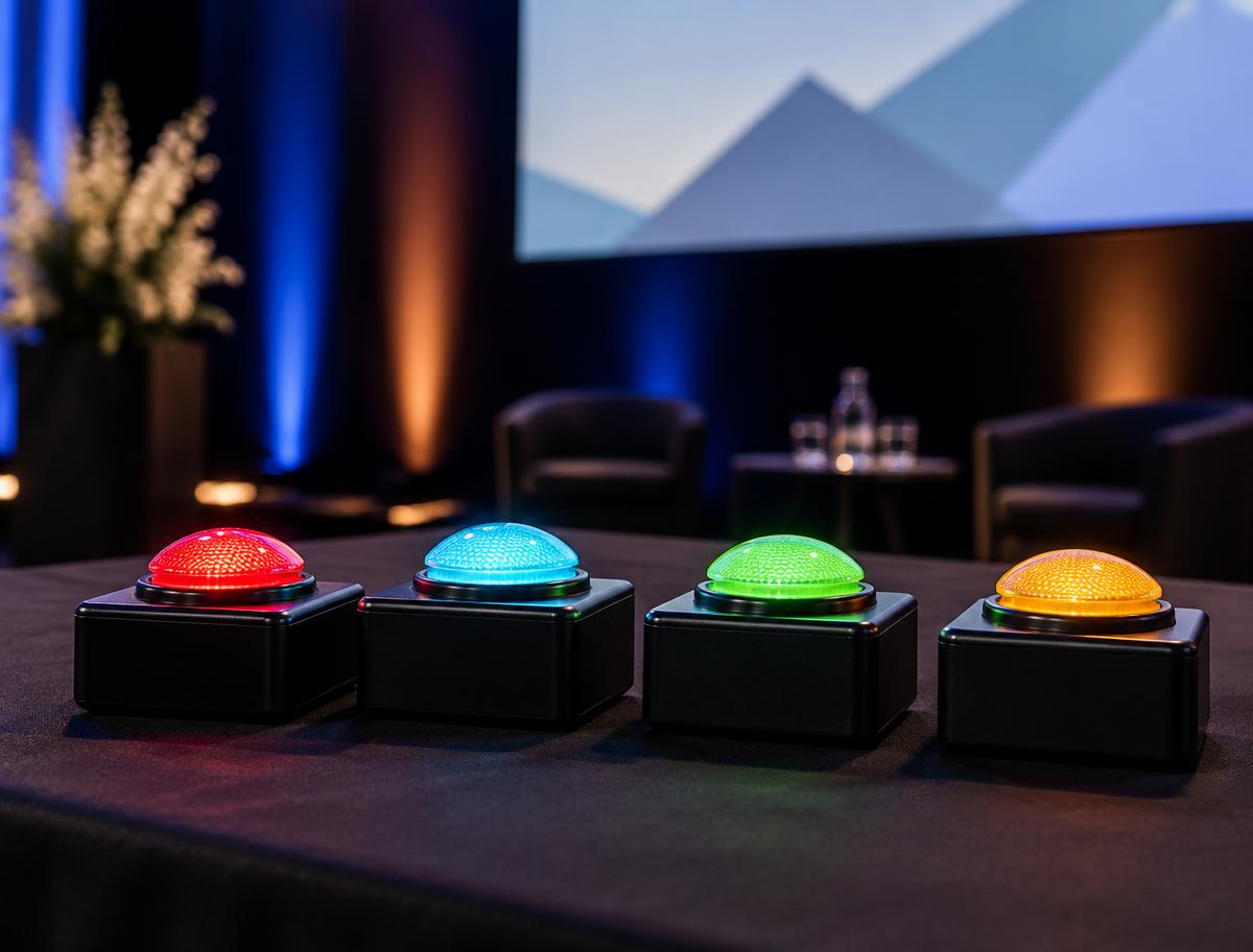 Vier beleuchtete Funk-Buzzer auf einem Quiztisch