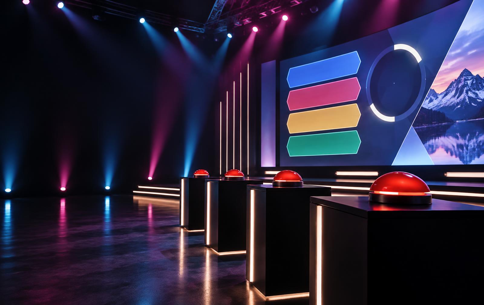 Professionelle Quizshow-Bühne mit Funk-Buzzern und grosser Leinwand